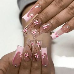 24 Pieces Pink Acrylic Nail Sets, Customize Nails, Preppy Nails, Latina Nails, Uñas Aesthetic, Cherry Blossom Nails, Cute Simple Nails, Diy Acrylic Nails, Edgy Nails