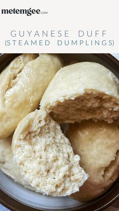 glyvane puff steamed dumplings in a brown bowl with text overlay