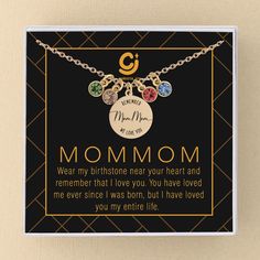 This personalized mommom necklace will make her feel loved every time she wears it.  Customize it with birthstones that represent her grandchildren. - 18K GOLD plated stainless steel - .925 Sterling SILVER plated stainless steel - HYPOALLERGENIC and safe - Nickel and lead free - Comes with a notecard and GIFT BOX - FAST shipping: 1 to 3 business days for order processing PLUS 2 to 5 days for USPS first class delivery (note, order processing may take longer during busy seasons) - Need EXPEDITED s Adjustable Birthstone Necklace For Mother's Day Birthday, Mother's Day Birthday Birthstone Necklace, Multicolor Charm Necklace For Mother's Day And Birthdays, Adjustable Charm Necklace For Birthday And Mother's Day, Multicolor Charm Necklace For Mother's Day And Birthday, Adjustable Charm Necklaces For Birthday And Mother's Day, Multicolor Charm Necklace For Birthday And Mother's Day, Mother's Day Birthstone Charm Necklaces For Birthday, Mother's Day Birthday Birthstone Charm Necklace