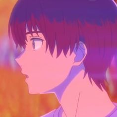 an anime character with short hair and blue eyes stares into the distance while wearing a purple t - shirt