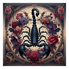 a painting of a scorpion surrounded by flowers