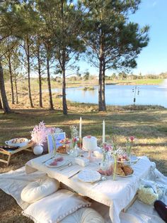 a picnic table set up with food and drinks