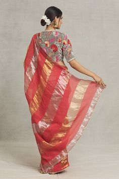 Red chanderi saree with gold, silver broad stripe woven motifs and scallop embellished lace border. - Aza Fashions Red Cutdana Pre-draped Saree For Celebration, Red Cotton Silk Saree With Zari Work, Red Zari Weave Pre-draped Saree For Celebration, Red Pre-draped Saree With Zari Weaving For Celebration, Transitional Red Tissue Silk Saree, Festive Red Pre-draped Saree For Celebration, Red Tissue Silk Saree For Navratri, Festive Red Cotton Silk Saree, Festive Red Cotton Silk Pre-draped Saree