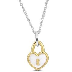 Add a touch of charm and elegance to your neckline with the White and Yellow Heart Lock Charm Necklace in Sterling Silver. This beautiful necklace features a combination of white and yellow sterling silver, creating a lovely contrast. The centerpiece of the necklace is a heart-shaped lock charm with delicate white enamel detailing, symbolizing love and affection. The necklace measures 16 inches in length with a 2-inch extender, allowing for adjustable wear and a perfect fit. The sterling silver White Sterling Silver Charm Necklace With Heart Charm, White Heart Pendant Jewelry With Charms, Personalized White Heart Pendant Necklace, White Sterling Silver Heart Pendant Jewelry, White Pendant Charm Necklaces For Valentine's Day, White Heart-shaped Charm Necklaces, White Sterling Silver Necklace With Heart Charm, White Pendant Charm Necklace For Valentine's Day, White Heart-shaped Charm Necklace