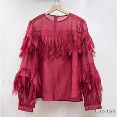 Lasaky - Semi-sheer Fringed Round Neck Long Sleeve Blouse: Luxurious Design with Loose and Unique Fit Smart Casual Wear, Unique Fits, Luxurious Design, Wearing Red, Olivia Mark, Smart Casual, Stylish Design, Neck Designs, Design Details