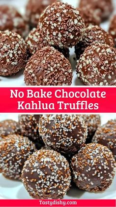 no bake chocolate kahlua truffles on a white plate with text overlay