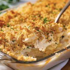 a casserole dish with chicken and bread crumbs