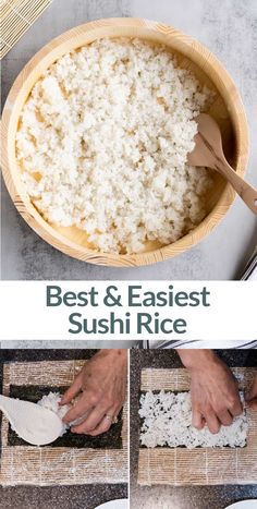 rice being made in a wooden bowl with spoons on the side and another image showing how to make best and easy sushi rice