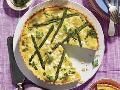 a quiche with asparagus and feta cheese