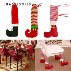 christmas stockings and leg warmers are on display in this collage with santa's legs