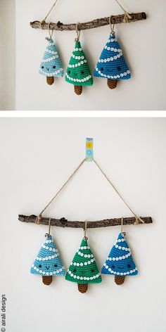 three different pictures of christmas trees hanging on a branch and one is made out of yarn