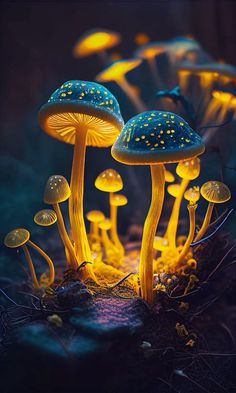 three glowing mushrooms in the dark with yellow and blue lights on them, all sitting side by side