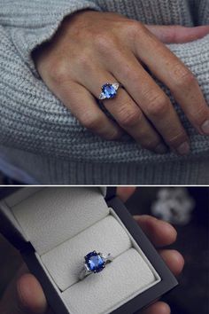 a man holding an engagement ring with a blue stone in it and another photo showing the inside of his wedding band