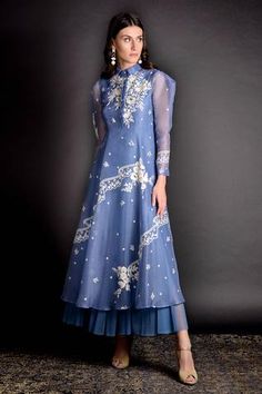 Shop for Sahil Kochhar Blue Noor Silk Organza Layered Dress for Women Online at Aza Fashions Sahil Kochhar, Organza Kurta, Cheese Squares, Girls Kurti, Anarkali Lehenga, Designer Kurti Patterns, Indian Party Wear, Layered Dress, Fancy Dress Design