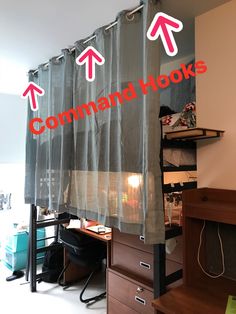 the curtains are open and there is an arrow pointing to command hooks