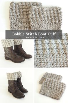 four different images of boots and socks with text that reads, bubble stitch boot cuff crochet