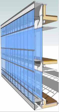 an architectural drawing of a building with glass walls and shelves on each side, along with the floor to ceiling windows