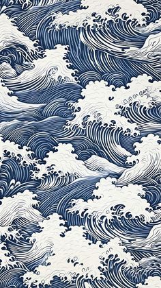 a blue and white wallpaper with waves on it