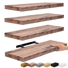 three shelves with different types of wood and metal brackets on each shelf, one being held up by a person's hand