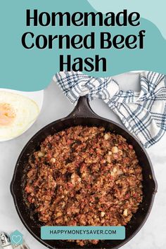 homemade corned beef hash browns in a cast iron skillet with text overlay