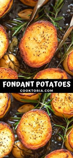 some food is being cooked in a pan with tongs on it and the words, fondant potatoes