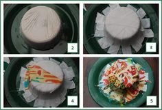 four pictures showing how to make a cake with icing and paper machs on it