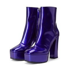 Step out in style with these chic blue patent leather ankle boots featuring a square toe, block heel, and trendy platform design. Side zip ensures easy wear for fashion-forward looks. Color: Blue Material: Patent leather Heel Type: Block heel Heel Height: 4.72" / 120 mm approx Platform Height: 1.77'' / 45 mm approx Product measurements were taken using size 8. Please note that measurements may vary by size. Toe: Square Toe Side-zipped design Handcrafted US sizing. Fits true to size. Clear Heel Boots, Boots With Platform, Red Ankle Boots, Metallic Boots, Thigh High Boots Heels, Sparkly Heels, Purple Shoes, Block Heel Ankle Boots, Chunky High Heels