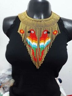 Multicolor Bird Design Jewelry, African Style Necklace, Parrot Design, Native American Style, Fringe Necklace, African Style, Garden Jewelry, Native American Fashion, Beaded Fringe