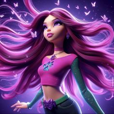 a barbie doll with pink hair and butterflies on her chest, in front of a purple background