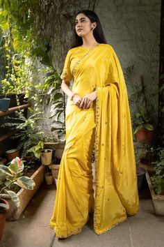 Yellow saree with zardozi embroidered floral motifs, embellished by sequins. Comes with matching blouse and petticoat. - Aza Fashions Eid Silk Pre-draped Saree With Gota Work, Designer Pre-draped Dola Silk Saree With Dupatta, Designer Chinon Pre-draped Saree For Diwali, Bollywood Style Dori Work Pre-draped Saree In Dola Silk, Designer Art Silk Pre-draped Saree With Zari Work, Bollywood Style Pre-draped Saree In Raw Silk, Festive Pre-draped Saree With Gota Work, Bollywood Style Raw Silk Pre-draped Saree With Resham Embroidery, Designer Traditional Wear With Resham Embroidery