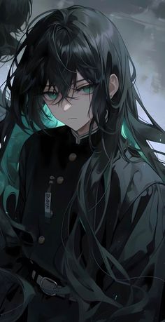 an anime character with long black hair and green eyes