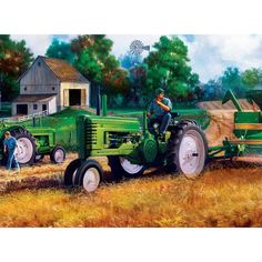 a painting of two men working on a green tractor in a field next to a barn