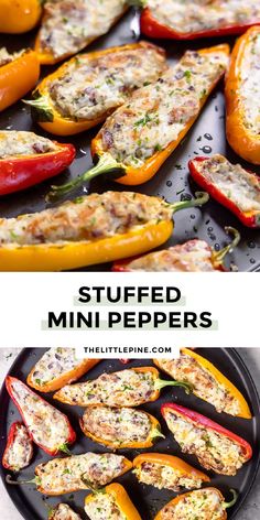 stuffed mini peppers with cheese and herbs in them on a black plate next to the recipe title