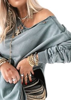 Pebby Forevee | Maximalist Jewelry Inspo: gold jewelry, chain belt, chunky jewelry, statement jewelry, statement bracelet, rings aesthetic, statement earrings, big earrings, edgy style, edgy sweater, cross necklace, layered necklaces Maximalist Jewelry, Chunky Jewelry, Big Earrings, Statement Bracelet, Jewelry Inspo, Staple Pieces