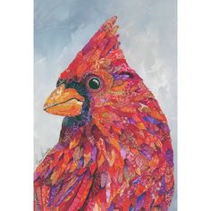 a painting of a red bird with yellow beak and orange feathers, against a blue sky