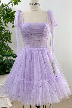 MissJophiel Corset Lavender Star Tulle Dress with Removable Tie Straps Lavender Homecoming Dress Hoco, Purple Formal Dresses Short, Dama Purple Dresses, How To Add A Corset To A Dress, Light Purple Sparkly Hoco Dress, One Pieces Dresses, Light Purple Dress Sweet 16, Speak Now Inspired Dress, Tangled Themed Hoco Dress