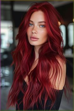 What a beautiful cherry red color, with a lower increased layer cut. Keeping length and adding volume. True Red Hair Color, Ariel Red Hair Color, Dark Red Hair Blue Eyes, Hair For Blue Eyes, Red Hair Makeup Ideas, Red Hair Inspo Color, Bold Red Hair, Cool Red Hair, Red Hair Natural