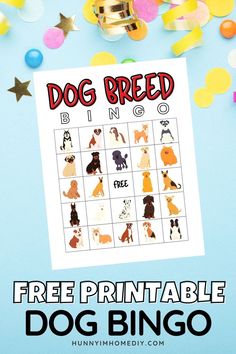 a free printable dog game with balloons and confetti in the background for kids to play