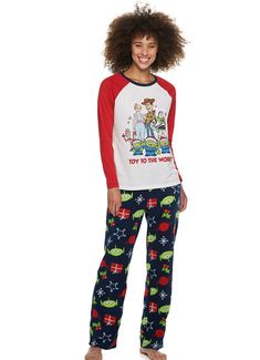 ..Jammies for your Families: Women 2pc Long Sleeve Top, Long Leg Pants Pj Set ..Disney Pixar Toy Story 4 Novelty Print ..Top: White Body, Red Sleeves, Navy Trim Around Pullover Neckline           "Toy to the World" Toy Story & Christmas Theme Novelty Print Center Front            Fabric Content: Polyester 100% ..Bottom: Navy Background, Pull-up, No Pockets, Red/White/Green Novelty Print                Fabric Content: Polyester 100% ..Size: Large Smoke/Pet Free Environment Thank you for shopping/ Polyester Pants, Pixar Toys, Plus Size Top, Short Pajama Set, Christmas Pajamas, Pj Sets, Pajamas Women, Toy Story, Disney Pixar