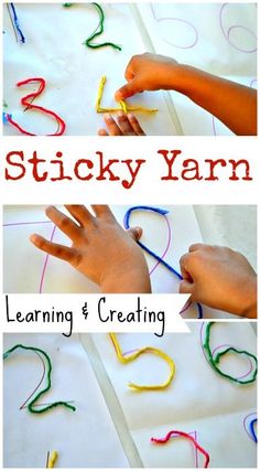 the hands and fingers of a child making sticky yarn