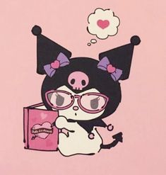 a cartoon cat with glasses and a pink box in front of her is thought bubble