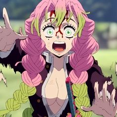 an anime character with pink hair and green eyes holding her hands up in the air