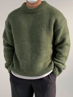 Olive Green Casual Collar Long Sleeve Knitwear Plain Pullovers Embellished High Stretch  Men Clothing Casual Chunky Knit Long Sleeve Polo Sweater, Relaxed Fit Knitted Long Sleeve Sweater, Cozy Knitted Sweatshirt, Green Crew Neck Sweater For Winter, Winter Crew Neck Knitted Sweatshirt, Winter Knitted Crew Neck Sweatshirt, Winter Polo Sweater With Crew Neck, Green Long Sleeve Polo Sweater For Winter, Casual Knitted Polo Sweater For Cold Weather