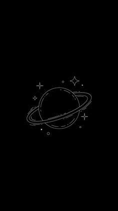 a black and white drawing of saturn with stars in the sky on a dark background