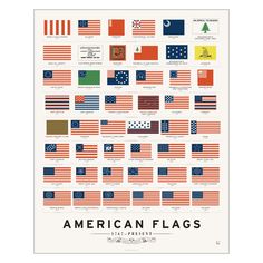 an american flag poster with all the flags in different colors and sizes, including red, white