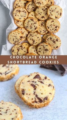 chocolate orange shortbread cookies are stacked on top of each other with the words, chocolate orange shortbread cookies