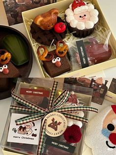 two boxes filled with cupcakes decorated like santa clause and reindeer noses on them