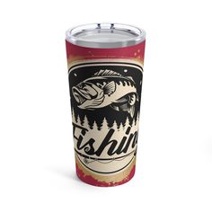 a red and white tumbler cup with a fish on it