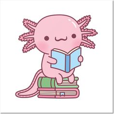 a pink sticker with an octopus reading a book