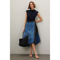 Multicolor denim (100% Cotton). A-line. Side zipper closure. 28.5" from shoulder to hemline. Imported. Lug Sole Boots, Sea New York, Rent The Runway, Denim Midi Skirt, Closet Designs, Denim Patchwork, Blue Print, Side Zipper, Denim Skirt